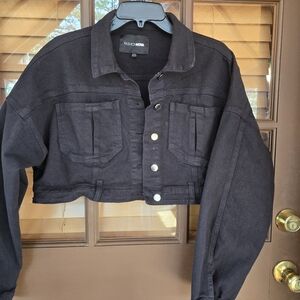 Womens Black Demin Cropped Jacket. Silver Buttons, Size Large. Great Condition!